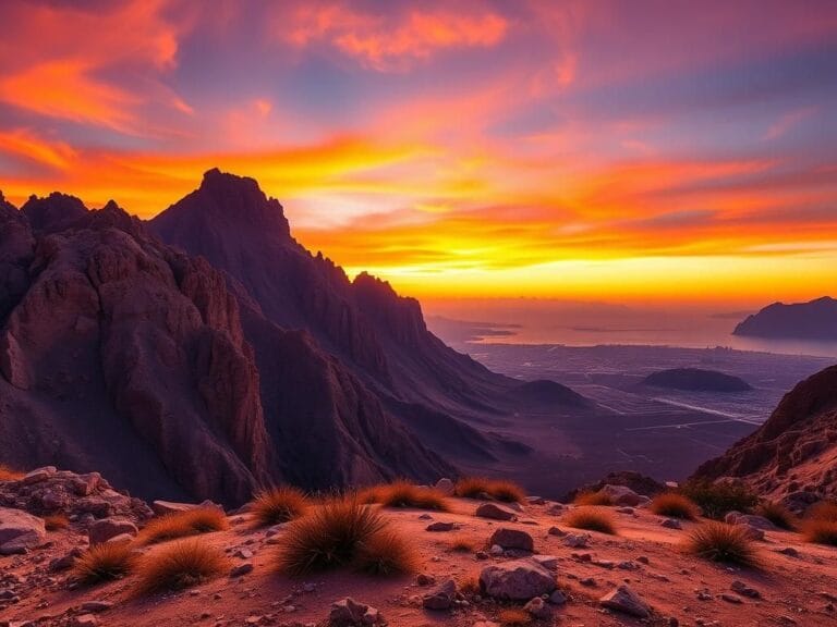 Flick International Breathtaking view of Mount Sinai at sunset showcasing rugged cliffs and desert flora