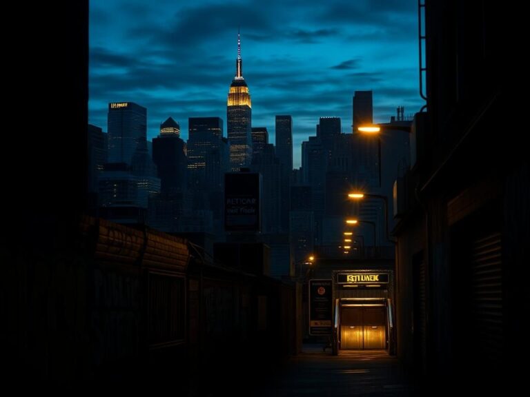 Flick International A cityscape of New York City at dusk featuring iconic skyscrapers and dark alleyways
