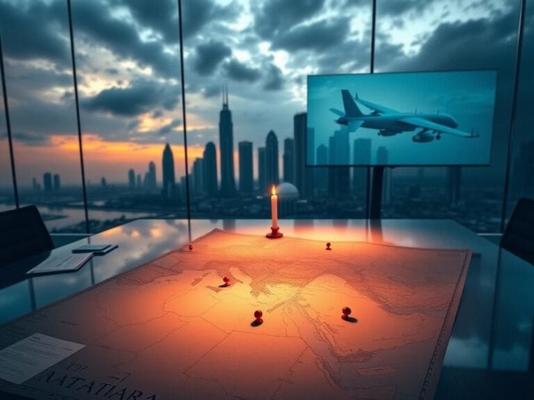 Flick International Dramatic skyline of Doha, Qatar at dusk with a detailed map of the Middle East on a conference table.