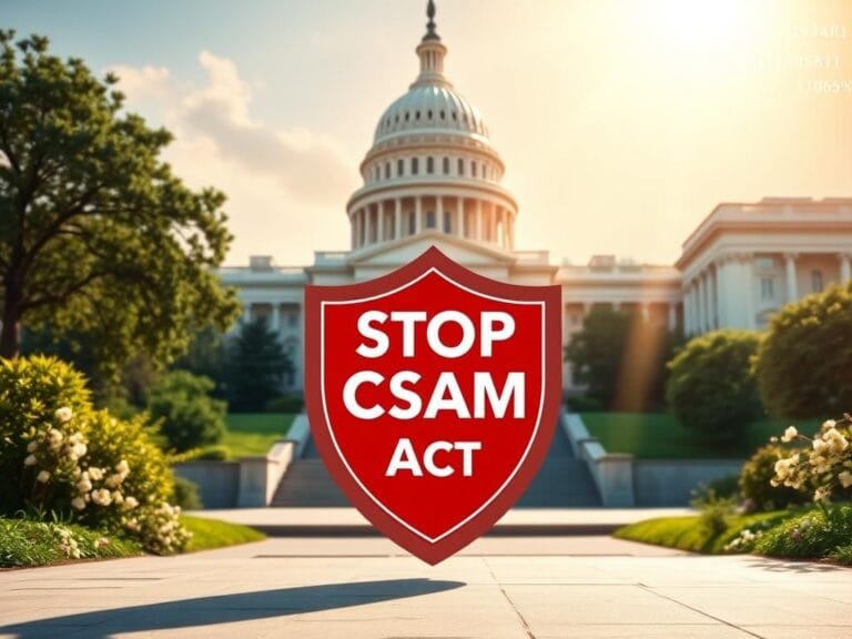 Flick International A heartwarming image of an empty Capitol Hill building symbolizing advocacy for children's online safety with a prominent shield marked 'STOP CSAM Act'.