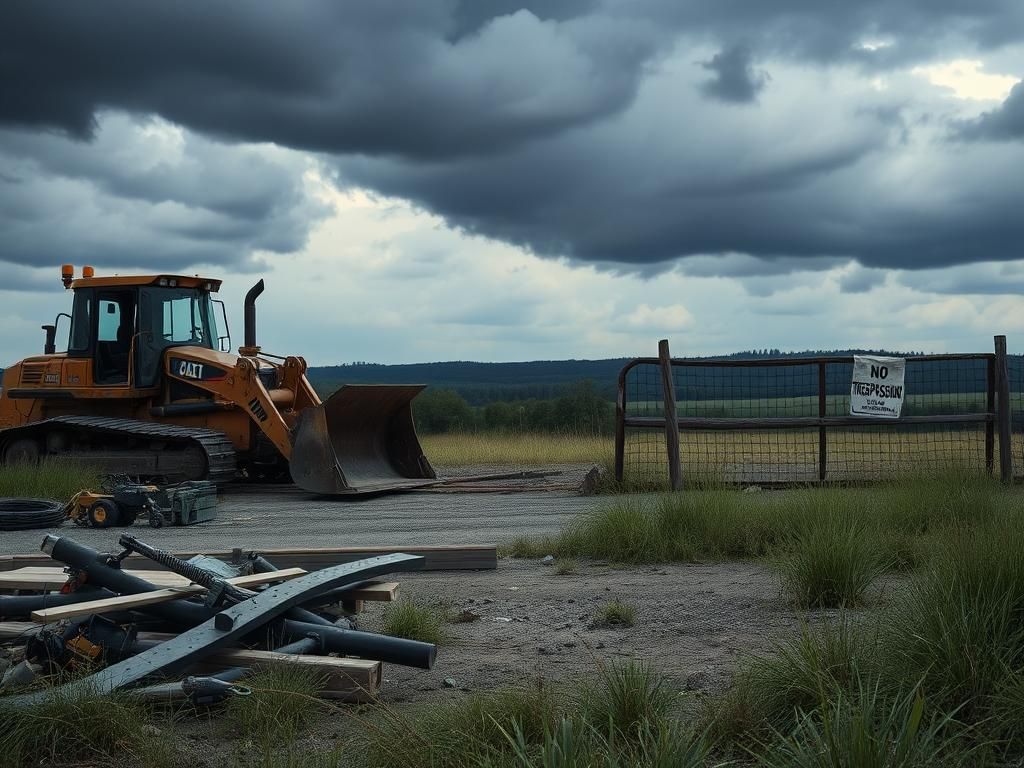 Flick International Abandoned construction site in rural upstate New York with heavy machinery and scattered tools