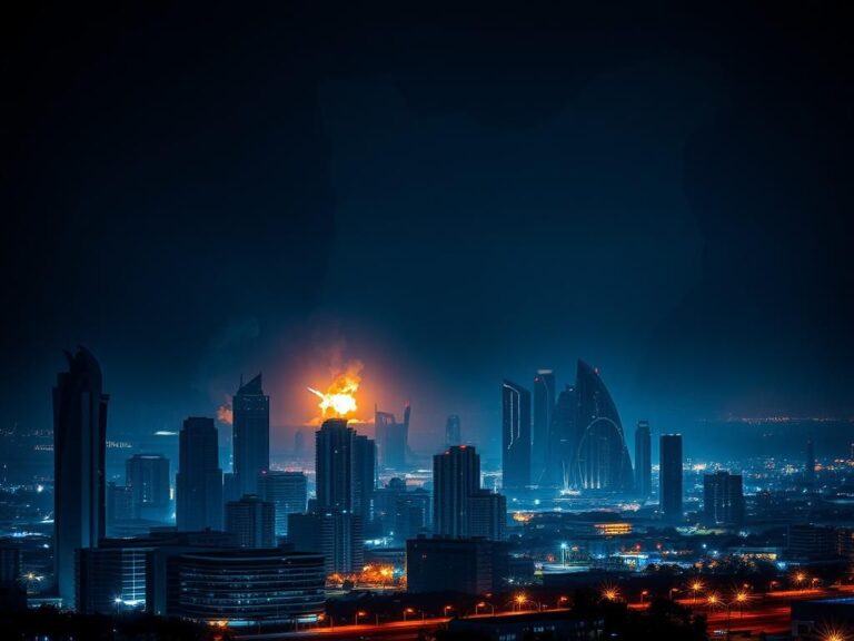 Flick International Dramatic nighttime view of Doha skyline with explosions