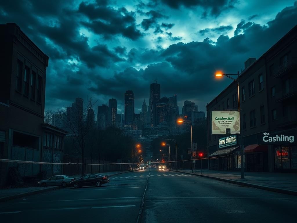 Flick International Dramatic urban landscape at dusk highlighting crime and unrest