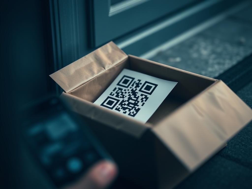 Flick International Close-up of a mysterious package with a prominent QR code on glossy paper