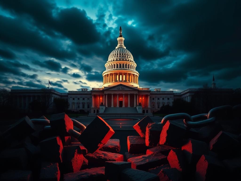 Flick International United States Capitol at dusk with stormy sky and symbolic representation of democracy being torn apart