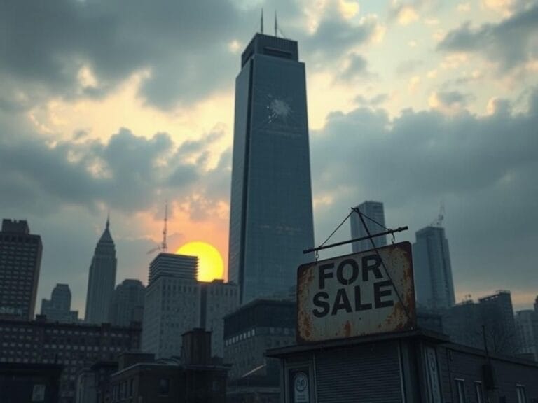 Flick International Cityscape representing declining capitalism with a dimly lit skyscraper and a rusted 'For Sale' sign