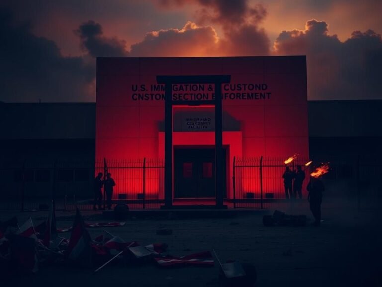 Flick International A large guillotine displayed outside the ICE facility in Portland, with police in the background.