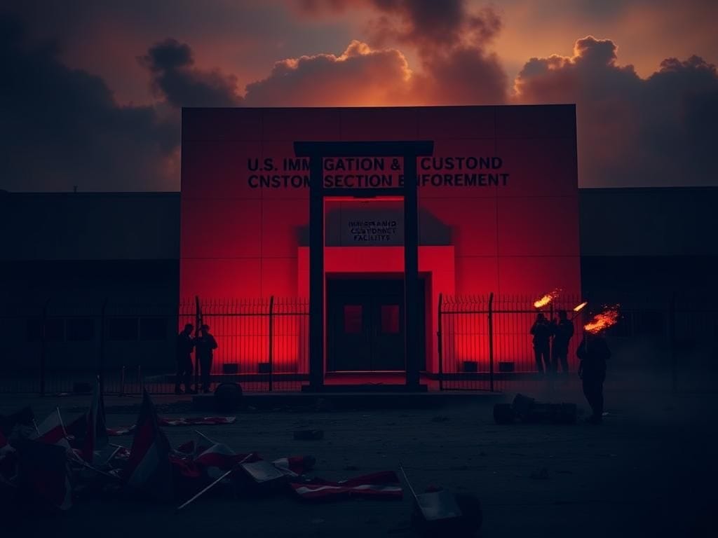 Flick International A large guillotine displayed outside the ICE facility in Portland, with police in the background.