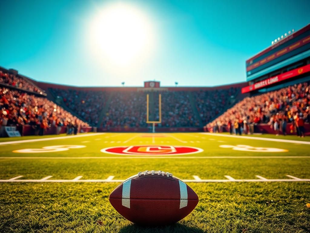 Flick International A dramatic aerial view of a sunlit college football field with a focus on the University of Colorado's colors and a worn football in the foreground.