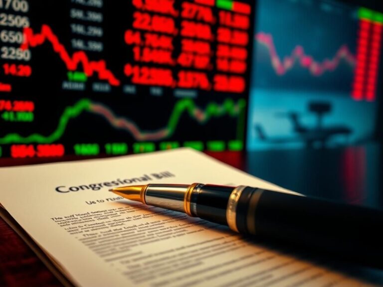 Flick International Close-up of a stock market monitor with fluctuating prices and a luxurious pen on an empty congressional bill document