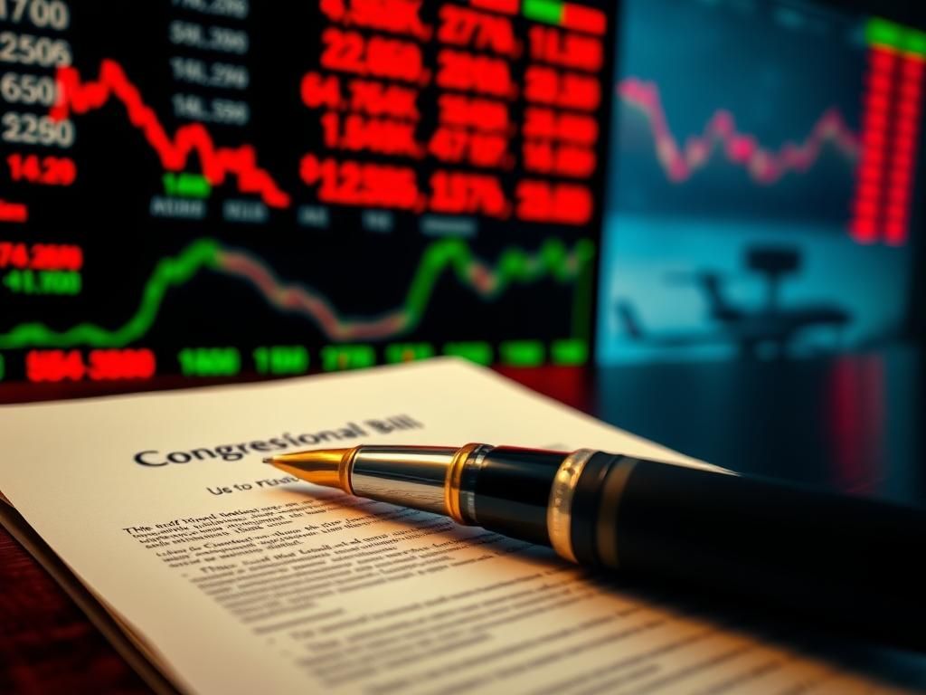 Flick International Close-up of a stock market monitor with fluctuating prices and a luxurious pen on an empty congressional bill document