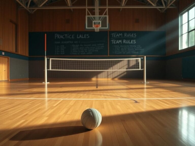 Flick International Interior of a sports gymnasium with volleyball net and deflated volleyball on the wooden floor