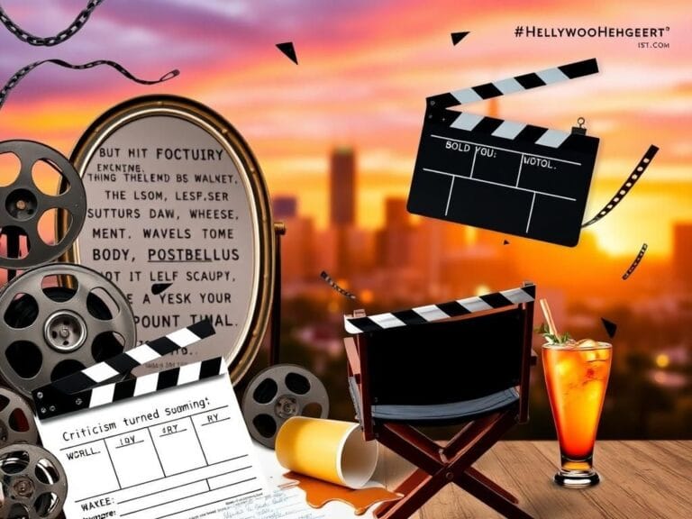 Flick International A vibrant collage showcasing a stylized film set with vintage film reels and a director's chair, reflecting themes of body positivity and resilience in Hollywood.
