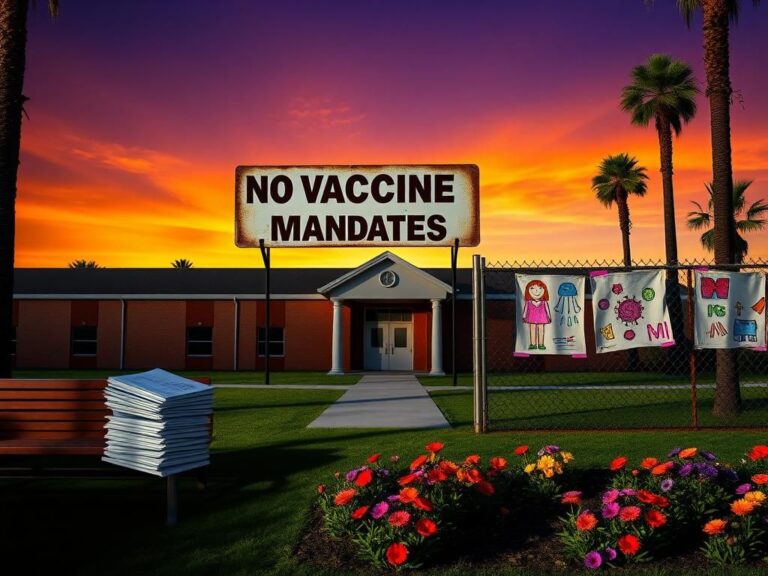 Flick International Conceptual image of a school with a 'No Vaccine Mandates' sign and an empty playground
