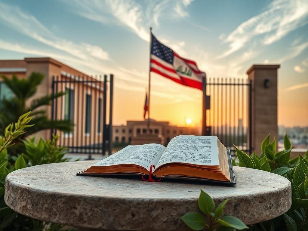 Flick International American flag waving outside an embassy in Iraq with a scholarly book on a stone table
