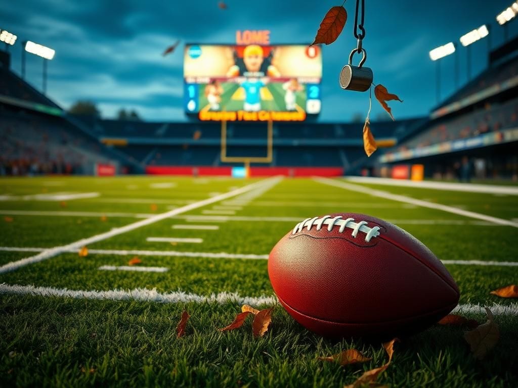 Flick International A tense moment from a football game featuring a football on the field with a scoreboard in the background