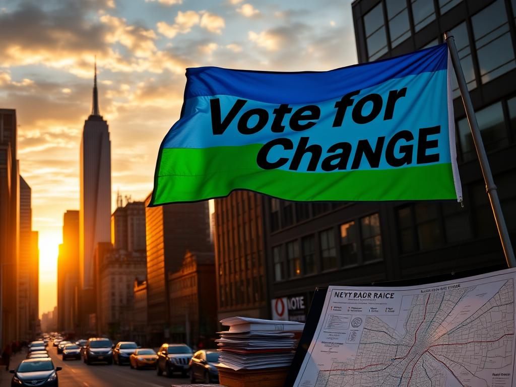 Flick International Urban skyline of New York City at sunset with campaign banner