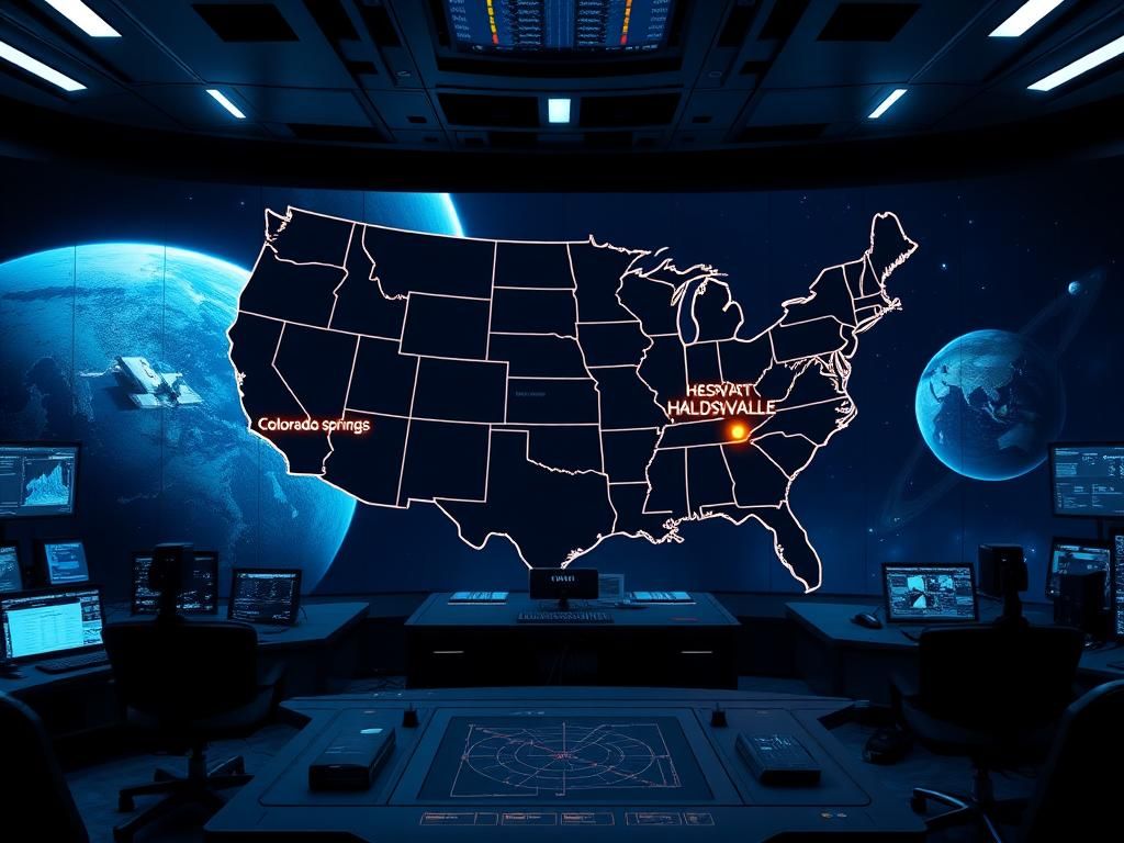 Flick International Futuristic military control center with digital U.S. map highlighting Colorado Springs and Huntsville, Alabama