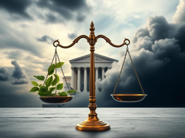 Flick International A pair of majestic balanced scales, one side adorned with green leaves and the other shrouded in clouds, symbolizing the impact of Supreme Court rulings.