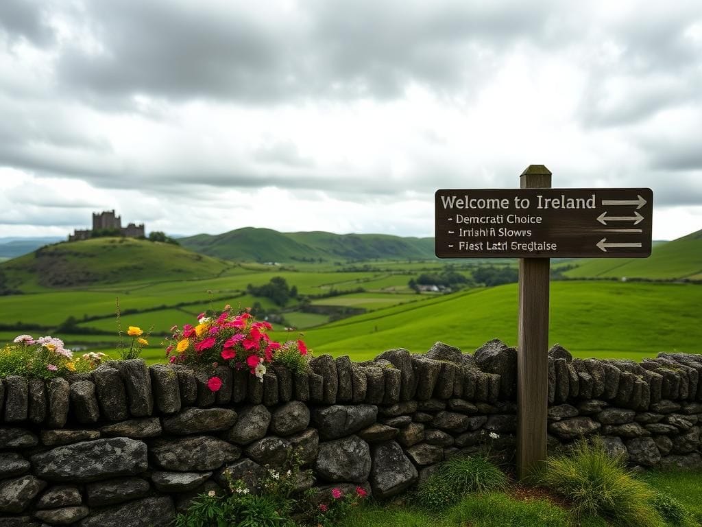 Flick International Lush green countryside of Ireland with an old stone wall and wildflowers