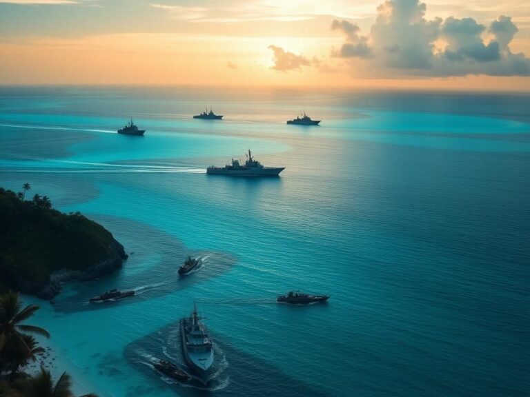 Flick International Aerial view of the Caribbean Sea with military ships and lush tropical foliage
