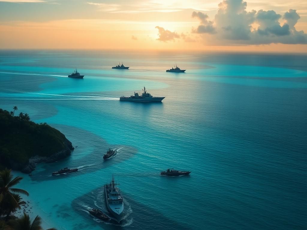 Flick International Aerial view of the Caribbean Sea with military ships and lush tropical foliage
