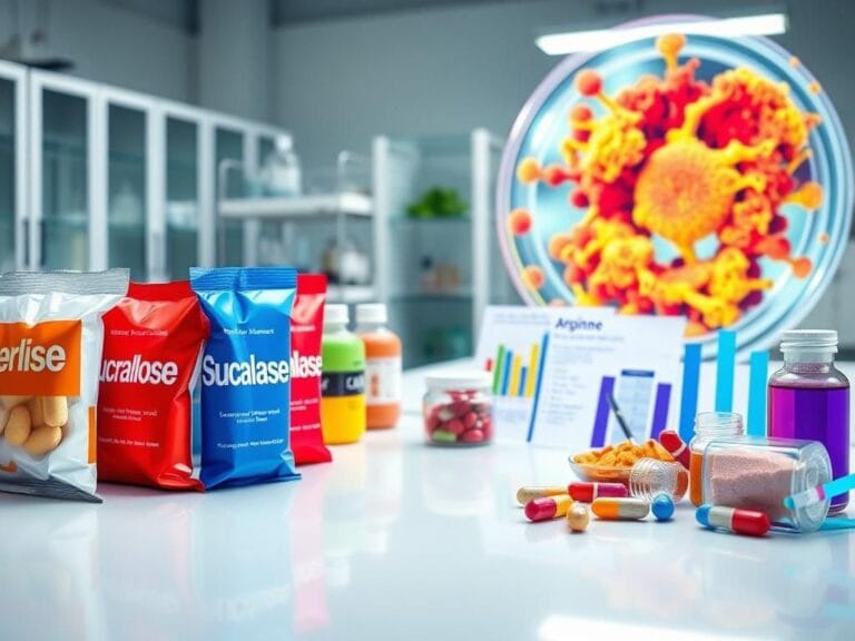 Flick International Laboratory setting showcasing colorful sucralose packets and vibrant food supplements next to research data.