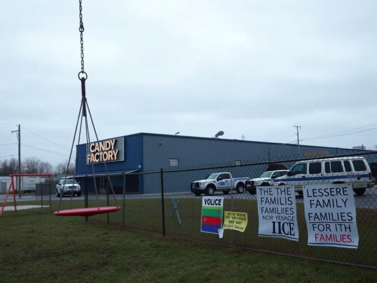 Flick International Exterior of a candy factory in New York under a grey sky with playground in the foreground