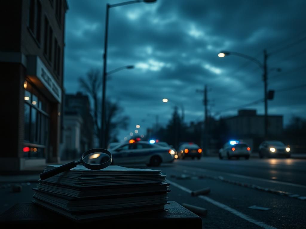 Flick International Dimly lit urban street scene at night with police station and crime-solving motifs