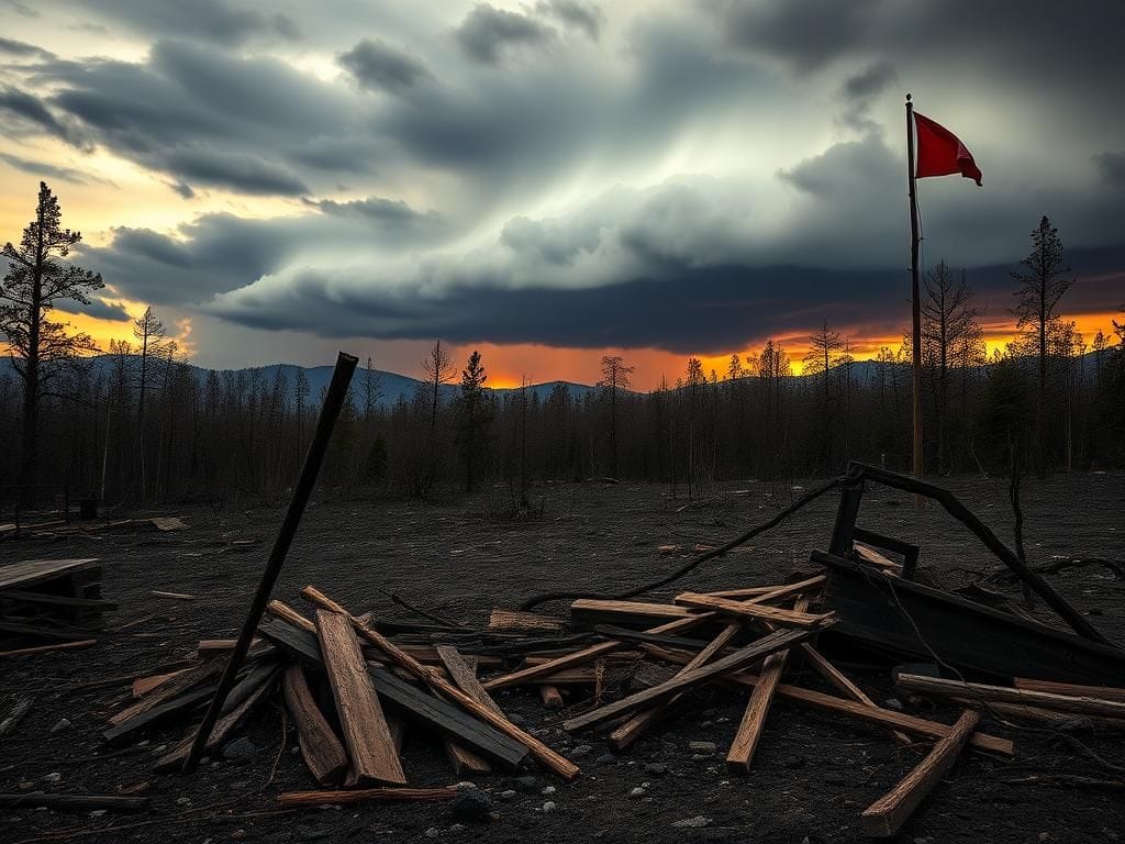 Flick International Dramatic scene of a charred landscape after a wildfire, featuring blackened trees and debris from a destroyed home