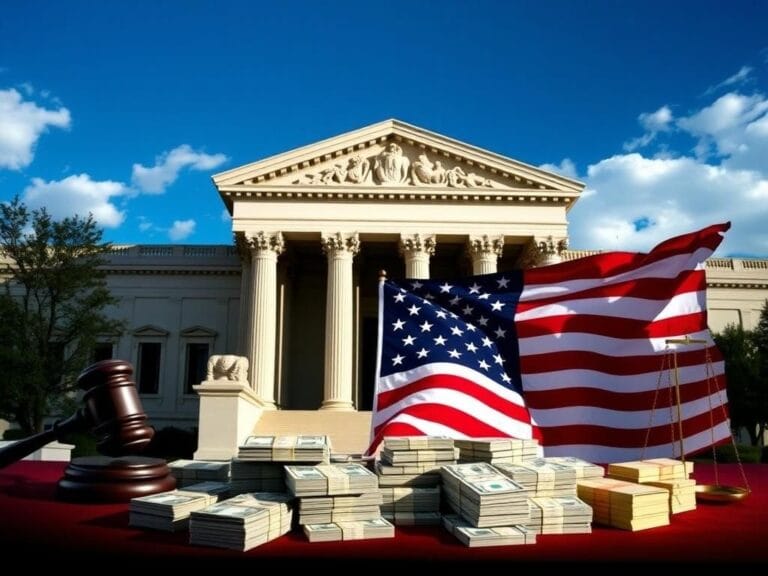 Flick International Grand courthouse building representing the Supreme Court, with stacks of currency bills and aid packages symbolizing frozen foreign aid in the foreground.