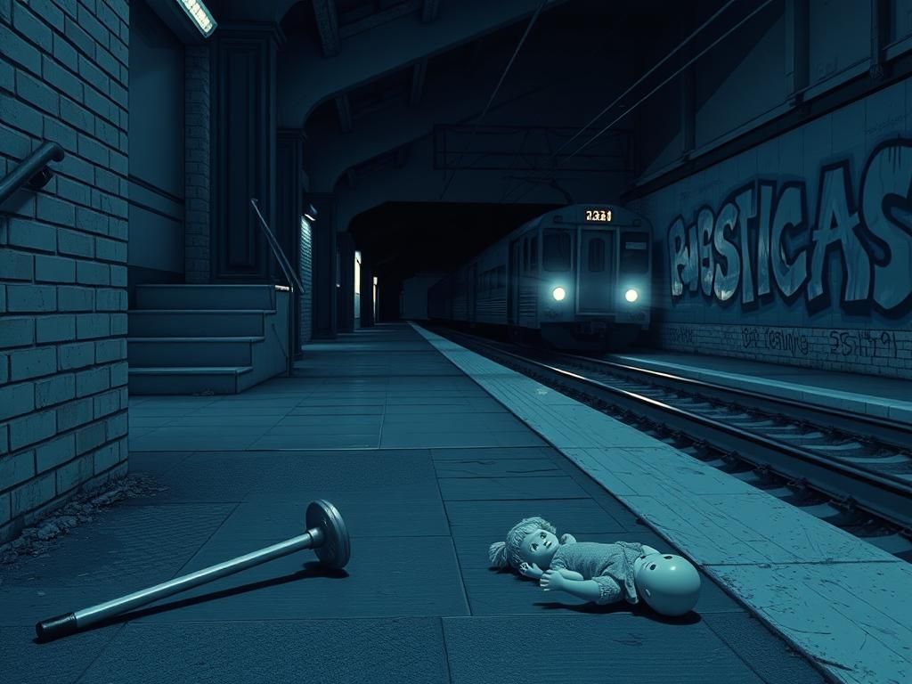 Flick International Empty train platform with abandoned cane and doll, symbolizing loss and turmoil
