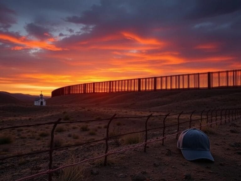 Flick International A desolate border landscape at dusk with a barbed-wire fence and a partially constructed border wall