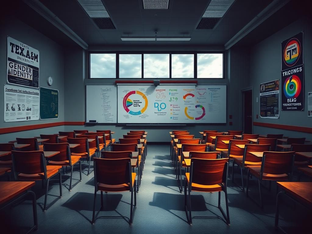 Flick International Empty classroom at Texas A&M University with educational diagrams on the whiteboard