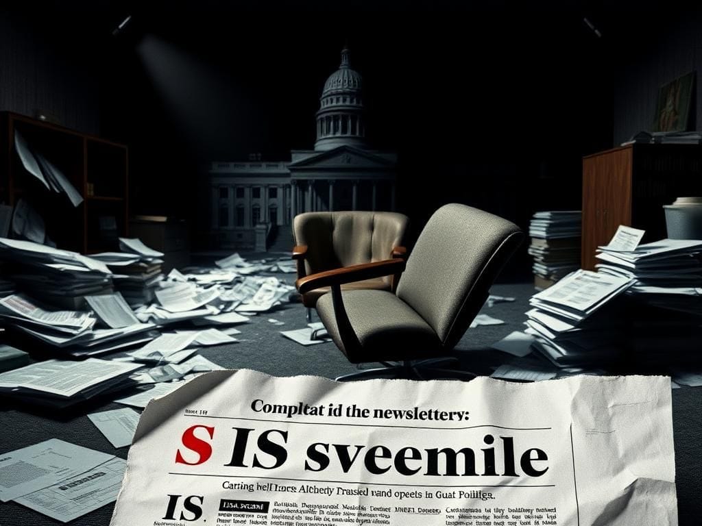 Flick International A dimly lit office scene symbolizing chaos at the IRS during a government scandal