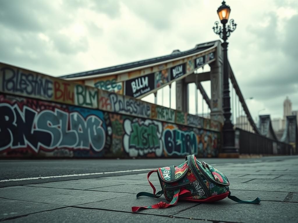 Flick International A graffiti-covered bridge with a child's abandoned backpack in the foreground, symbolizing the tragedy of urban violence.