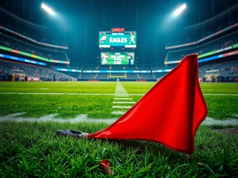 Flick International A vibrant football field at Lincoln Financial Field with a red penalty flag on the sideline