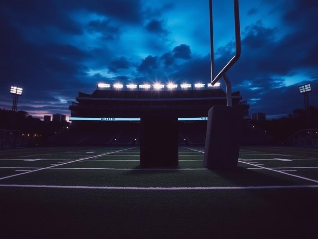 Flick International A dramatic twilight scene of Gillette Stadium with soft stadium lights illuminating an empty football field
