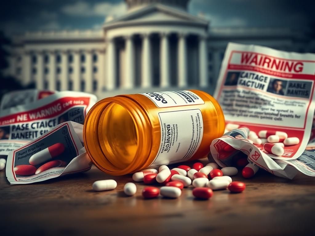 Flick International Close-up of a large prescription bottle on a wooden table with crumpled advertisements and warning letters