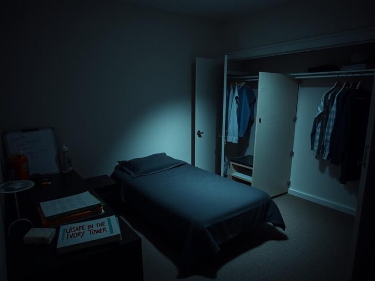 Flick International Dimly lit apartment room with unmade twin bed and criminology textbooks