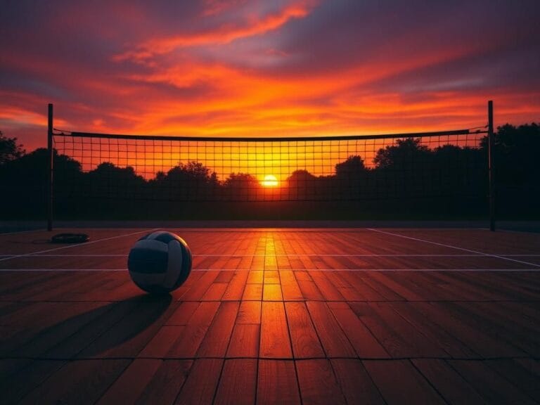 Flick International A volleyball court at sunset with a prominent volleyball and abstract religious symbols in the background