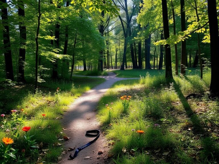 Flick International Serene wooded park scene at Kiesel Park in Auburn, Alabama, showcasing a winding path and vibrant wildflowers.