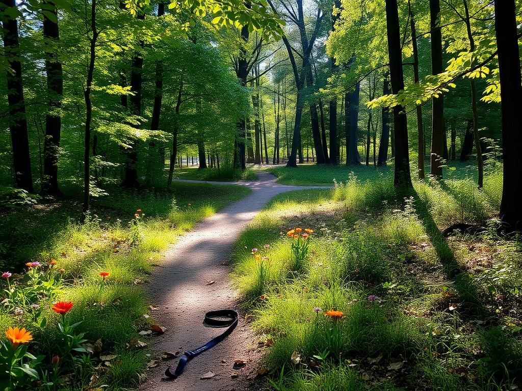Flick International Serene wooded park scene at Kiesel Park in Auburn, Alabama, showcasing a winding path and vibrant wildflowers.