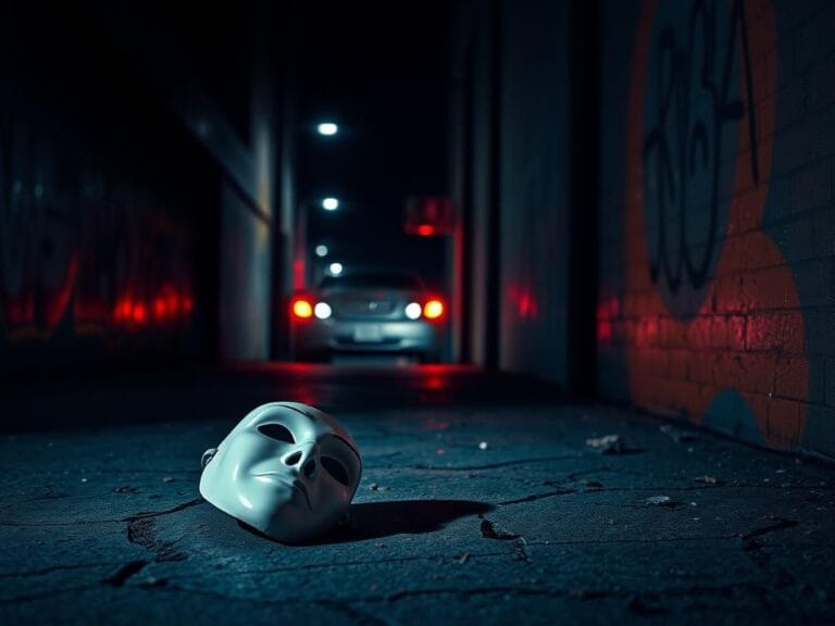 Flick International An eerie white mask resembling a young man's face lying abandoned in a dimly lit urban alleyway at night.