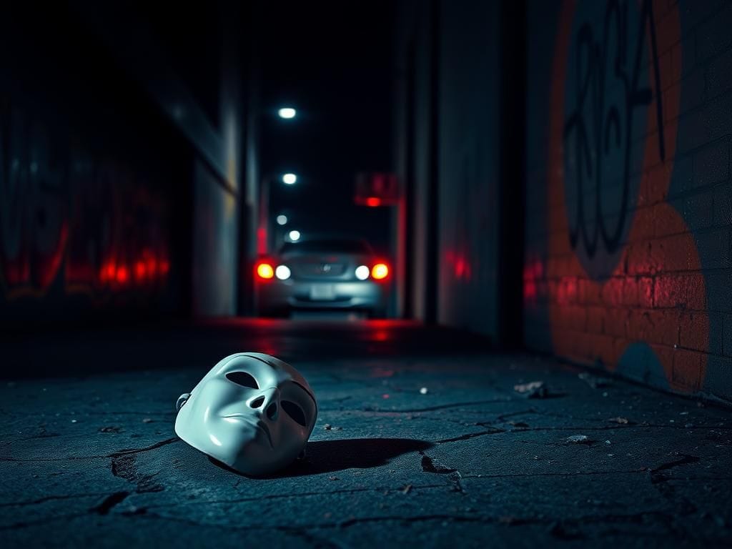 Flick International An eerie white mask resembling a young man's face lying abandoned in a dimly lit urban alleyway at night.