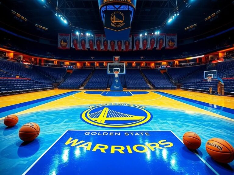 Flick International Dynamic basketball court scene at Golden State Warriors arena with vibrant blue and gold colors