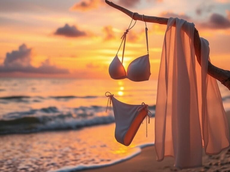 Flick International Elegant white bikini hanging on driftwood at sunset beach