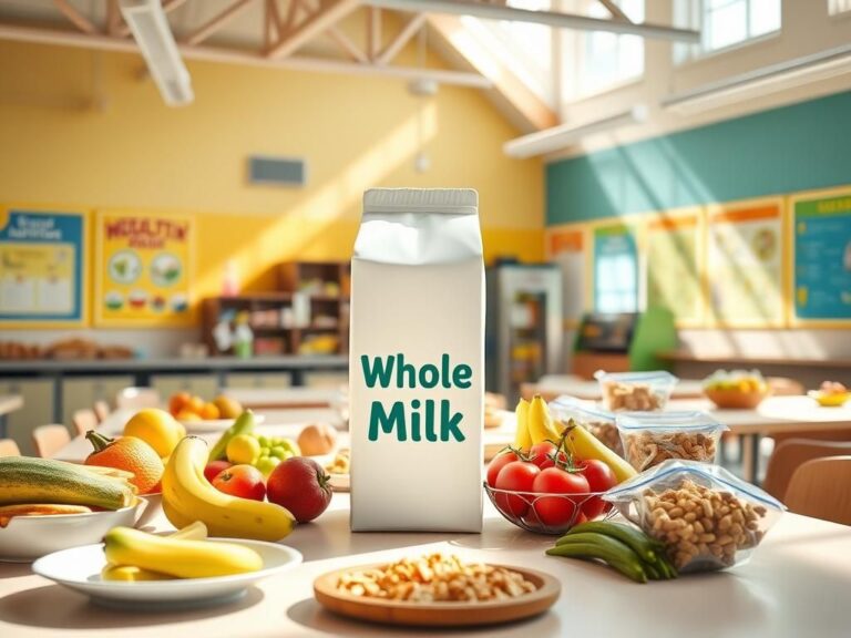 Flick International a vibrant school cafeteria scene showcasing a large carton of whole milk among healthy food options