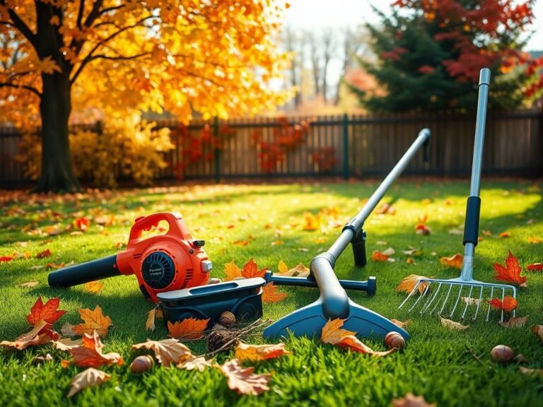 Flick International A vibrant fall landscape with yard tools arranged on green grass