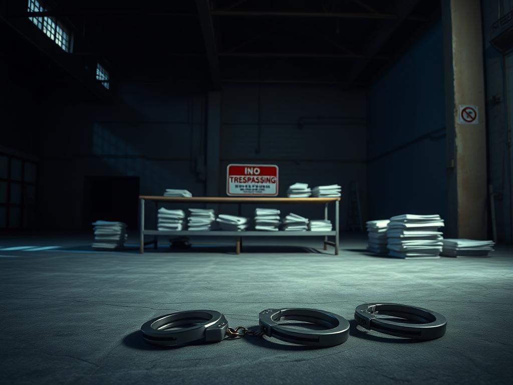 Flick International Empty pairs of handcuffs on a cold concrete floor in a dimly lit warehouse, symbolizing recent immigration enforcement actions.